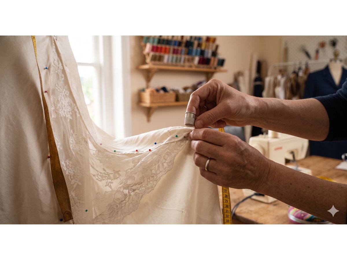 Hem of a long dress being pinned for shortening during a fitting
