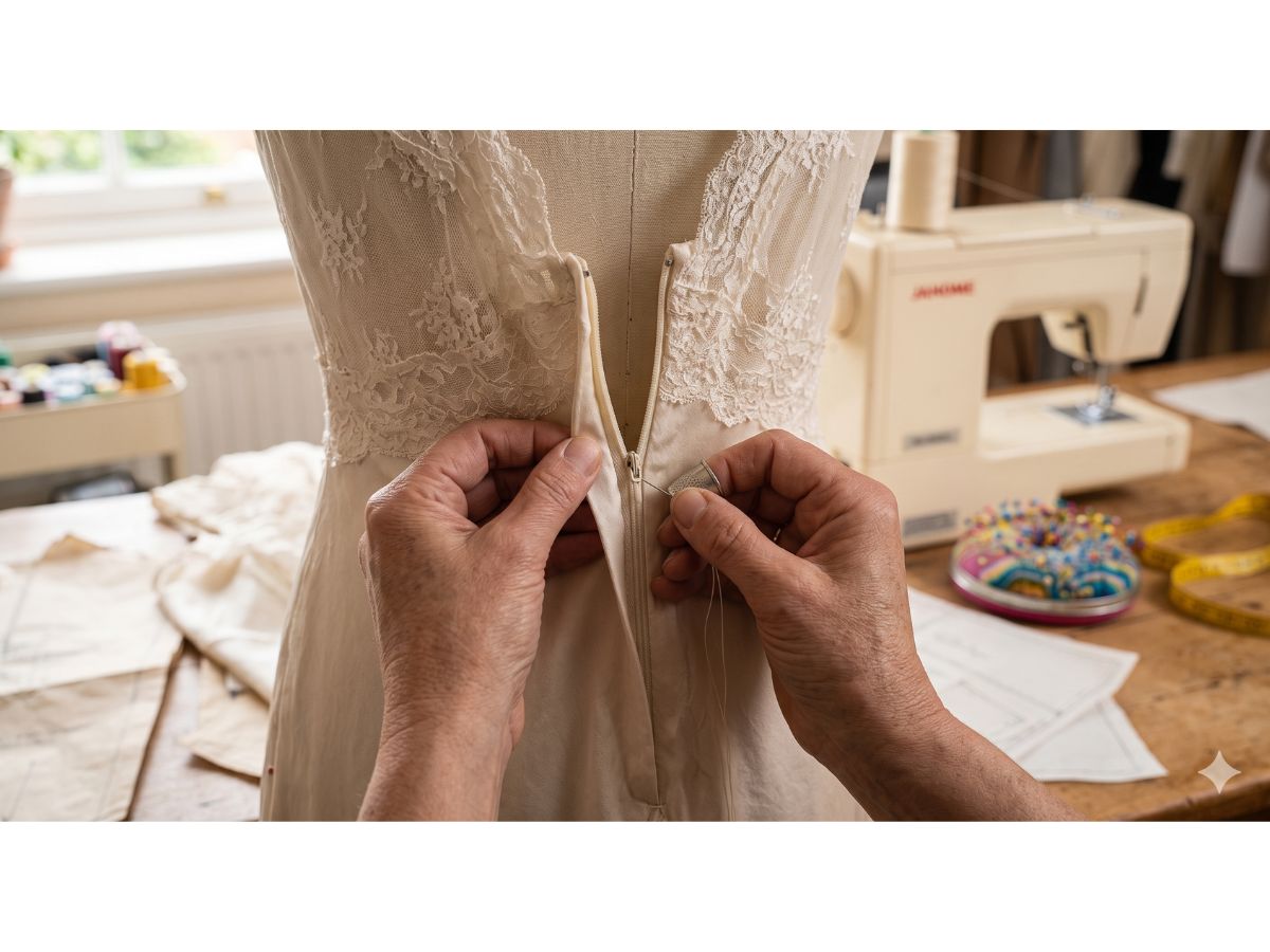 New zip being fitted into the back seam of a dress