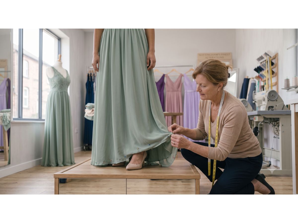 Bridesmaid dress hem checked against the wearer's shoes during a fitting