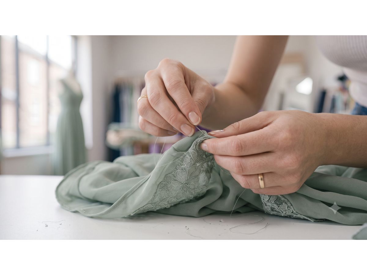 Chiffon and lace bridesmaid dress hem being finished by hand at the studio