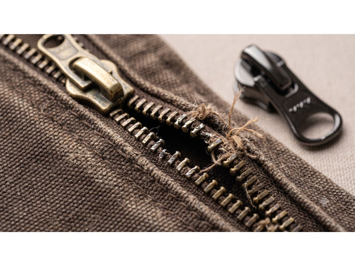 Close-up of a damaged garment zip with missing teeth and torn zip tape