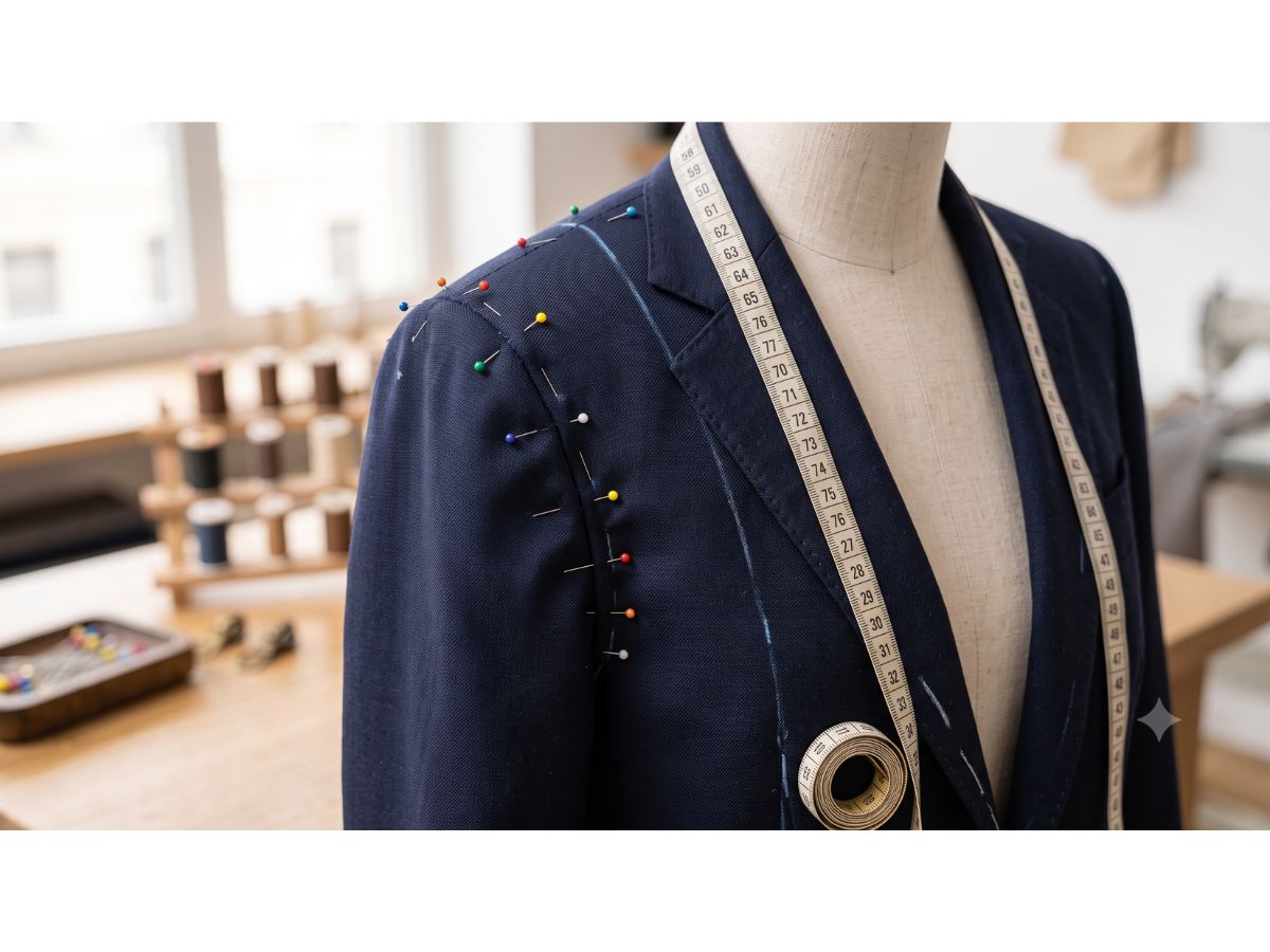Garment being pinned during a tailoring fitting at the Hucknall studio