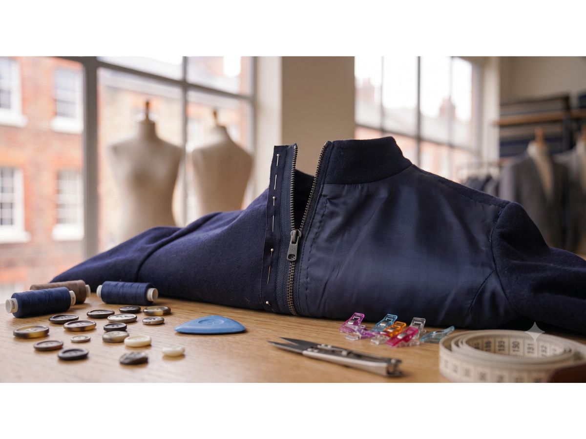 Replacement zip being fitted into a jacket during a repair