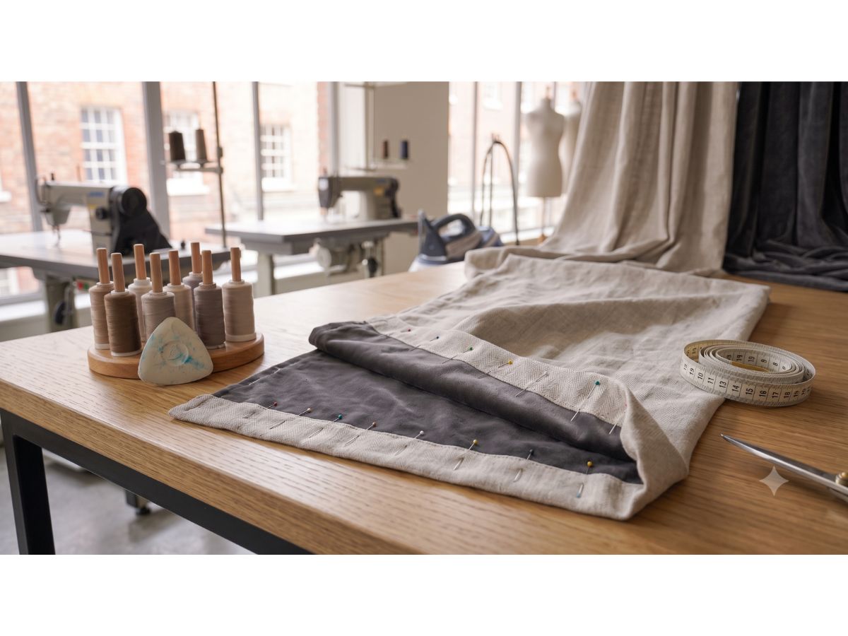 Lined curtain with the outer fabric and lining hemmed separately to sit level