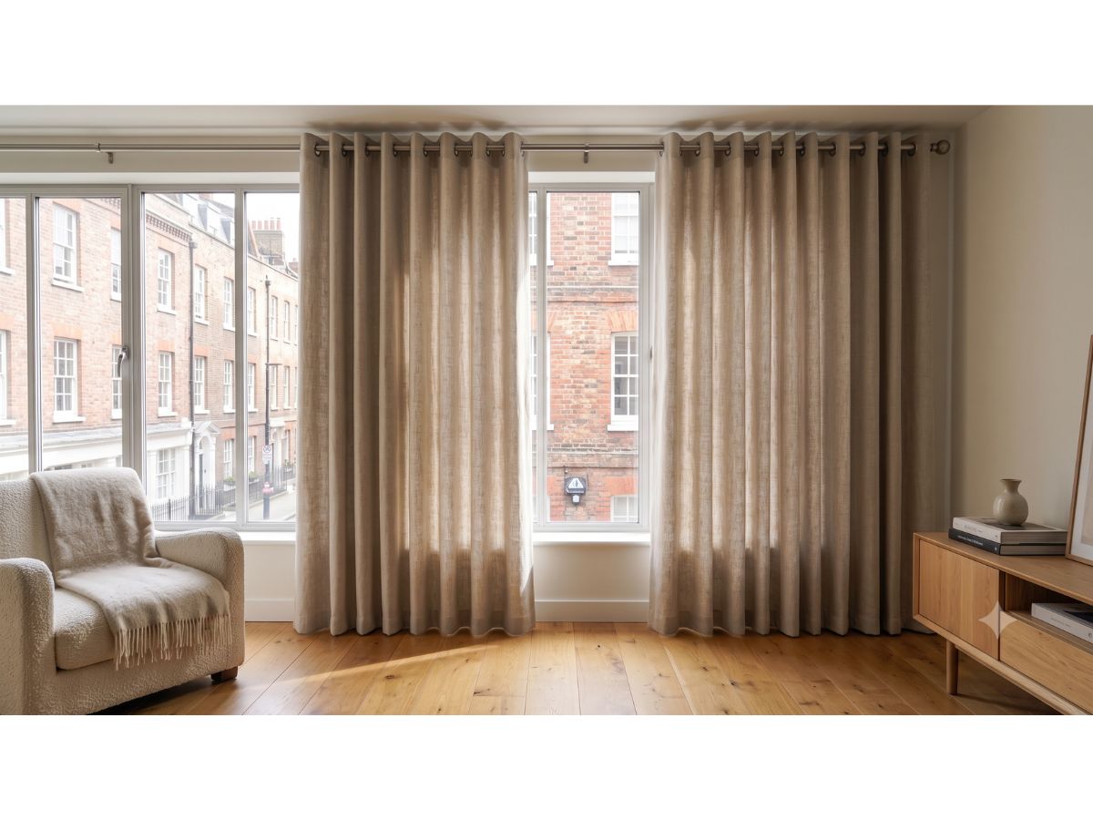Lined eyelet curtains shortened from the bottom to finish just above the floor