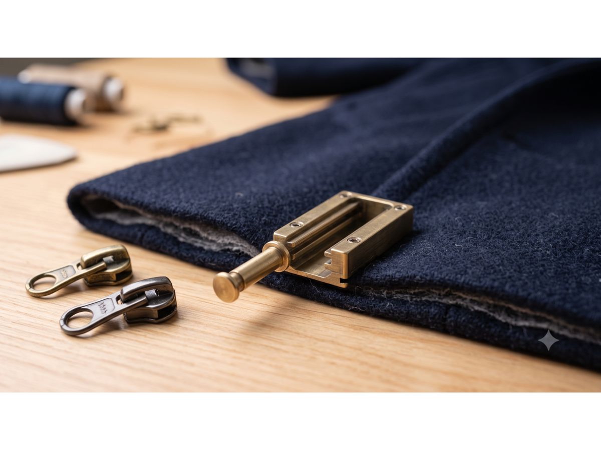 Open-ended coat zip showing the insertion pin and retaining box at the base of the fastening