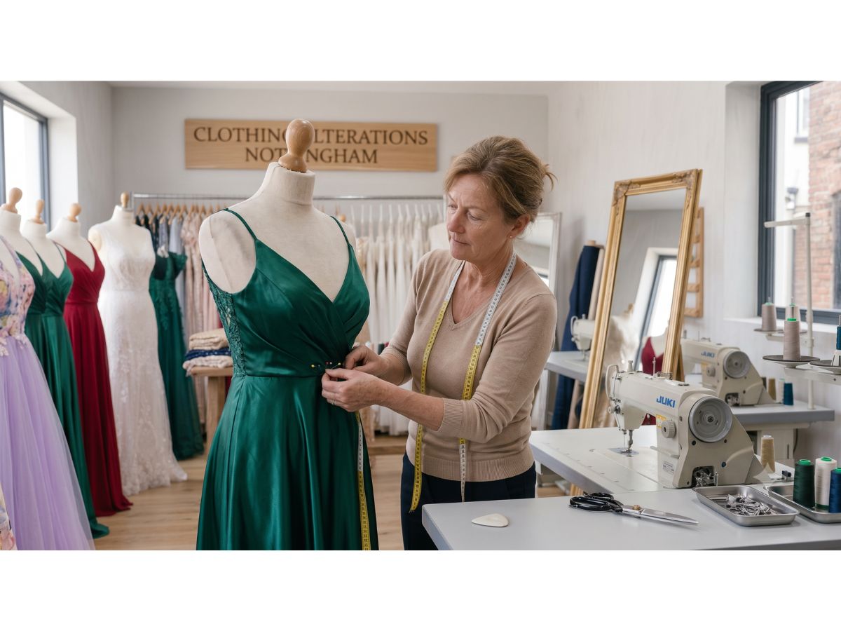 Lynda carrying out prom dress alterations at the Hucknall studio