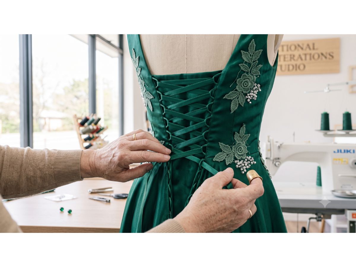 Corset lace-up back fitted to a prom dress