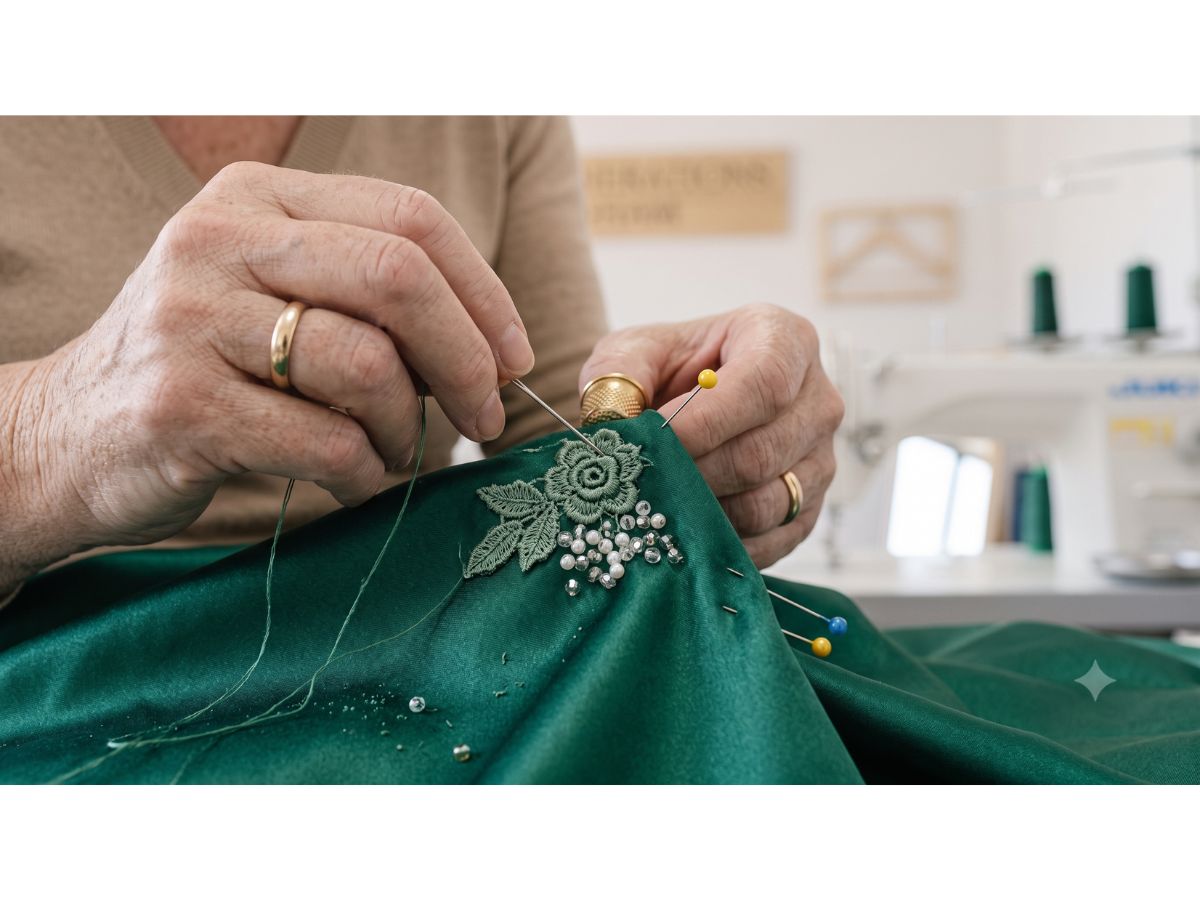 Close-up of lace and beading on a prom dress being altered