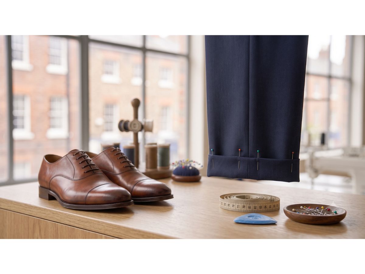 Suit trousers pinned for shortening with shoes on