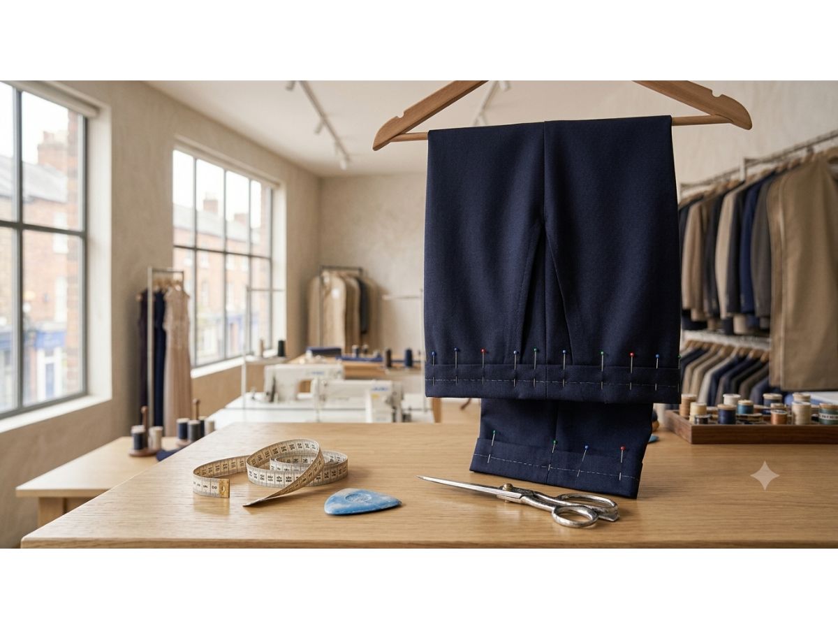 Trousers hemmed to length during a fitting, with shoes for accurate break