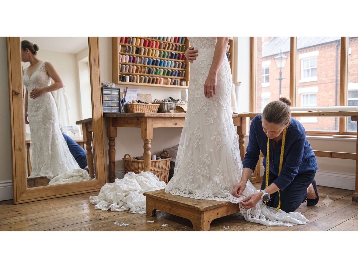 Wedding dress being checked and pinned during a bridal fitting