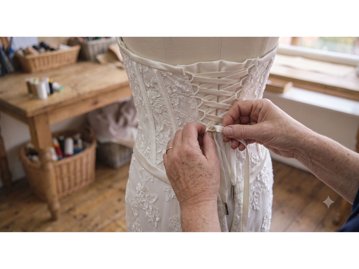 Laced corset back panel fitted to the back of a wedding dress