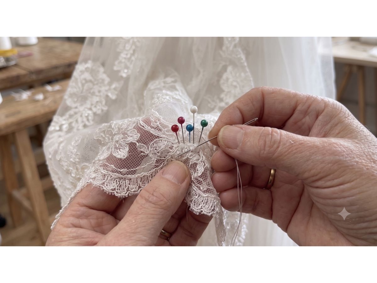 Detailed lace hem on a wedding dress being shortened by hand