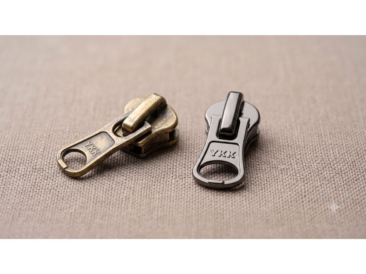 Worn zip slider next to a new replacement slider, showing the difference in the closed slider body